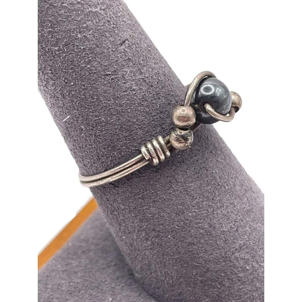 Hematite Sterling Silver Wire Wrapped Ring Size 7.75 Artisan Modernist Brutalist